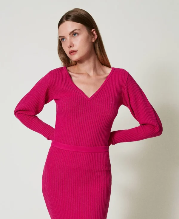 pull_ajust_ctel_2.webp Pulls Et Cardigans*TWINSET Milano Pull Ajusté Côtelé Super Pink