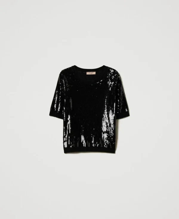 pull_avec_broderie_de_seq_1.webp Pulls Et Cardigans*TWINSET Milano Pull Avec Broderie De Sequins All-over Noir