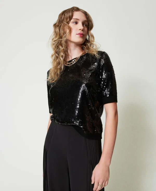 pull_avec_broderie_de_seq_2.webp Pulls Et Cardigans*TWINSET Milano Pull Avec Broderie De Sequins All-over Noir