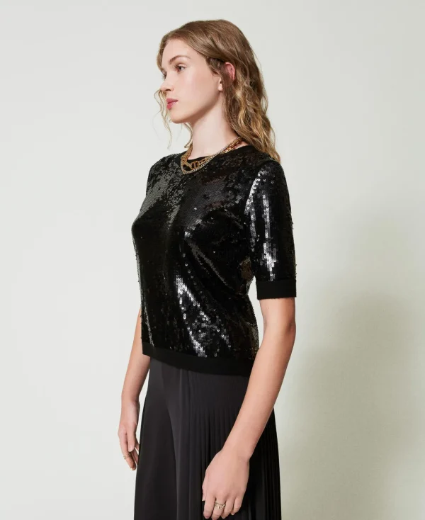 pull_avec_broderie_de_seq_3.webp Pulls Et Cardigans*TWINSET Milano Pull Avec Broderie De Sequins All-over Noir
