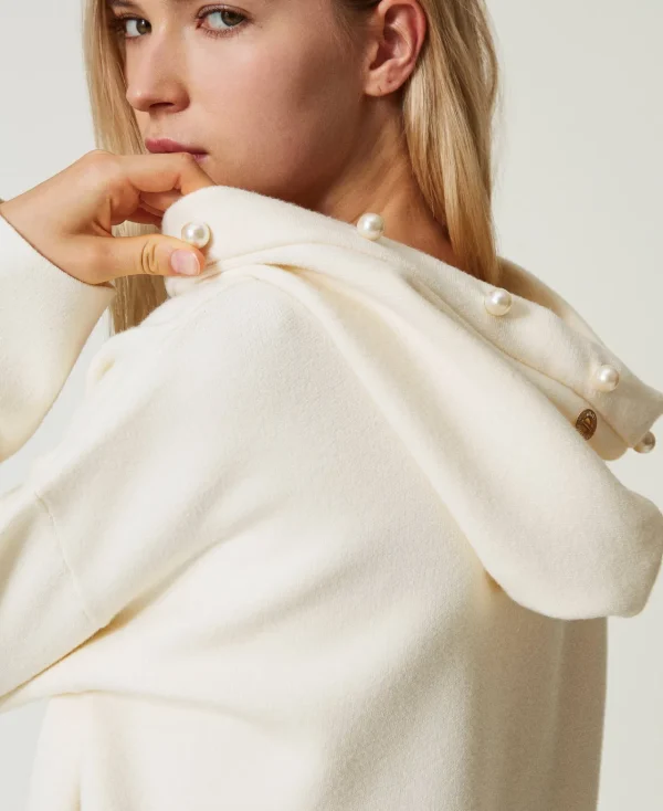 pull_avec_capuche_et_perl_0.webp Pulls Et Cardigans | Sweat-Shirts*TWINSET Milano Pull Avec Capuche Et Perles Blanc Antique White