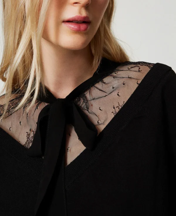Pulls Et Cardigans*TWINSET Milano Pull Avec Dentelle Et Nœud Noir