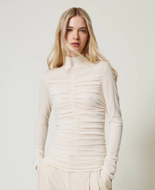 pull_col_montant_avec_fro_2.webp Pulls Et Cardigans*TWINSET Milano Pull Col Montant Avec Fronce Off White