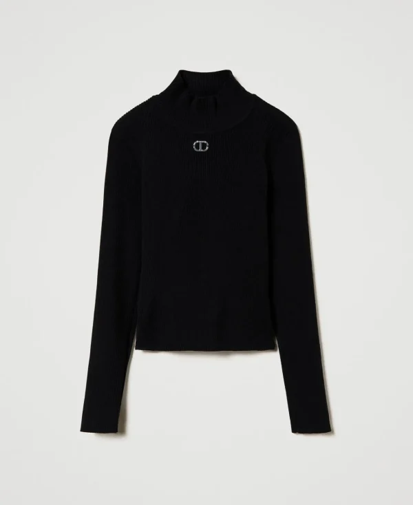 pull_col_montant_ctel_ave_1.webp Pulls Et Cardigans*TWINSET Milano Pull Col Montant Côtelé Avec Logo Noir