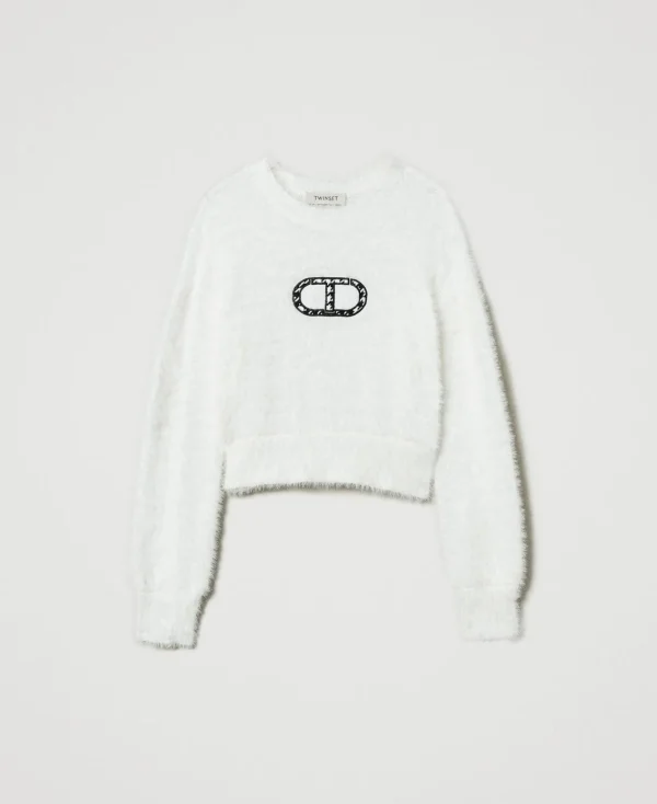 pull_effet_fourrure_avec__1.webp Pulls Et Cardigans*TWINSET Milano Pull Effet Fourrure Avec Logo Oval T Off White