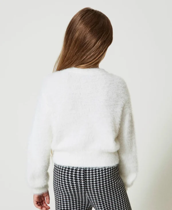 pull_effet_fourrure_avec__3.webp Pulls Et Cardigans*TWINSET Milano Pull Effet Fourrure Avec Logo Oval T Off White