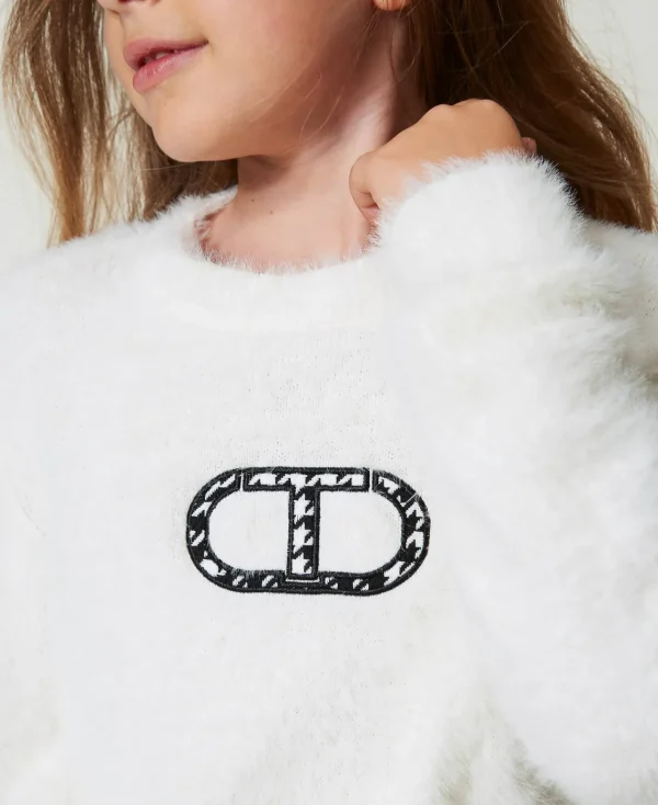 pull_effet_fourrure_avec__4.webp Pulls Et Cardigans*TWINSET Milano Pull Effet Fourrure Avec Logo Oval T Off White