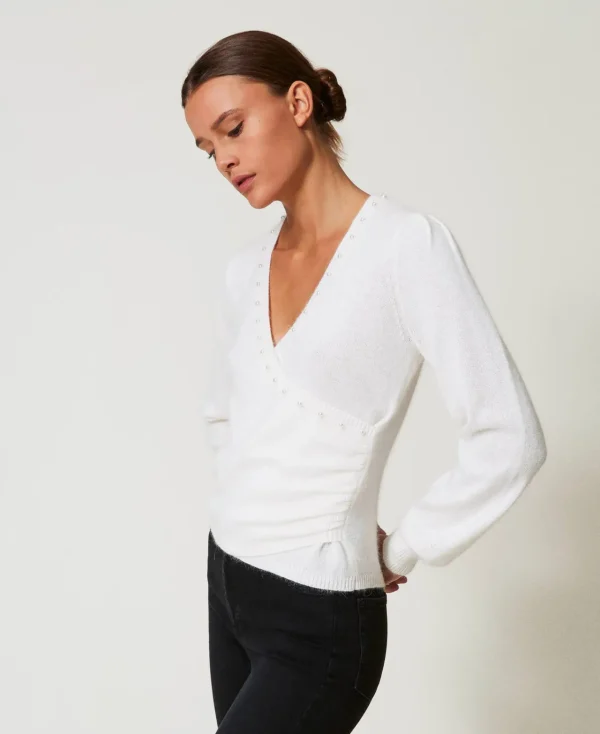 pull_en_angora_mlang_avec_0.webp Pulls Et Cardigans*TWINSET Milano Pull En Angora Mélangé Avec Perles Blanc Neige