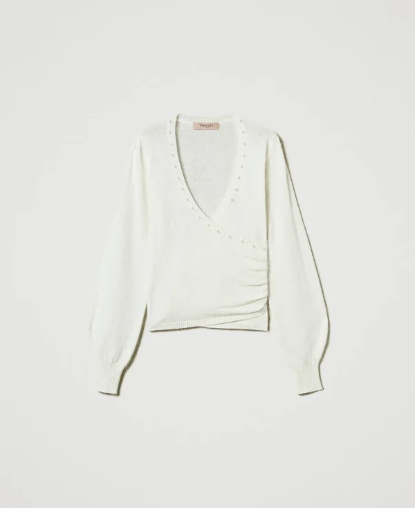 pull_en_angora_mlang_avec_1.webp Pulls Et Cardigans*TWINSET Milano Pull En Angora Mélangé Avec Perles Blanc Neige