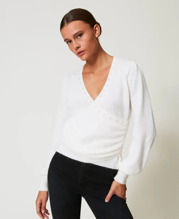 pull_en_angora_mlang_avec_2.webp Pulls Et Cardigans*TWINSET Milano Pull En Angora Mélangé Avec Perles Blanc Neige