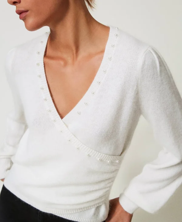 pull_en_angora_mlang_avec_4.webp Pulls Et Cardigans*TWINSET Milano Pull En Angora Mélangé Avec Perles Blanc Neige