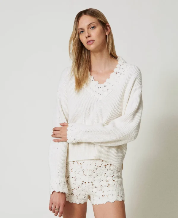 Pulls Et Cardigans*TWINSET Milano Pull En Laine Mélangée Avec Broderie Blanc Neige