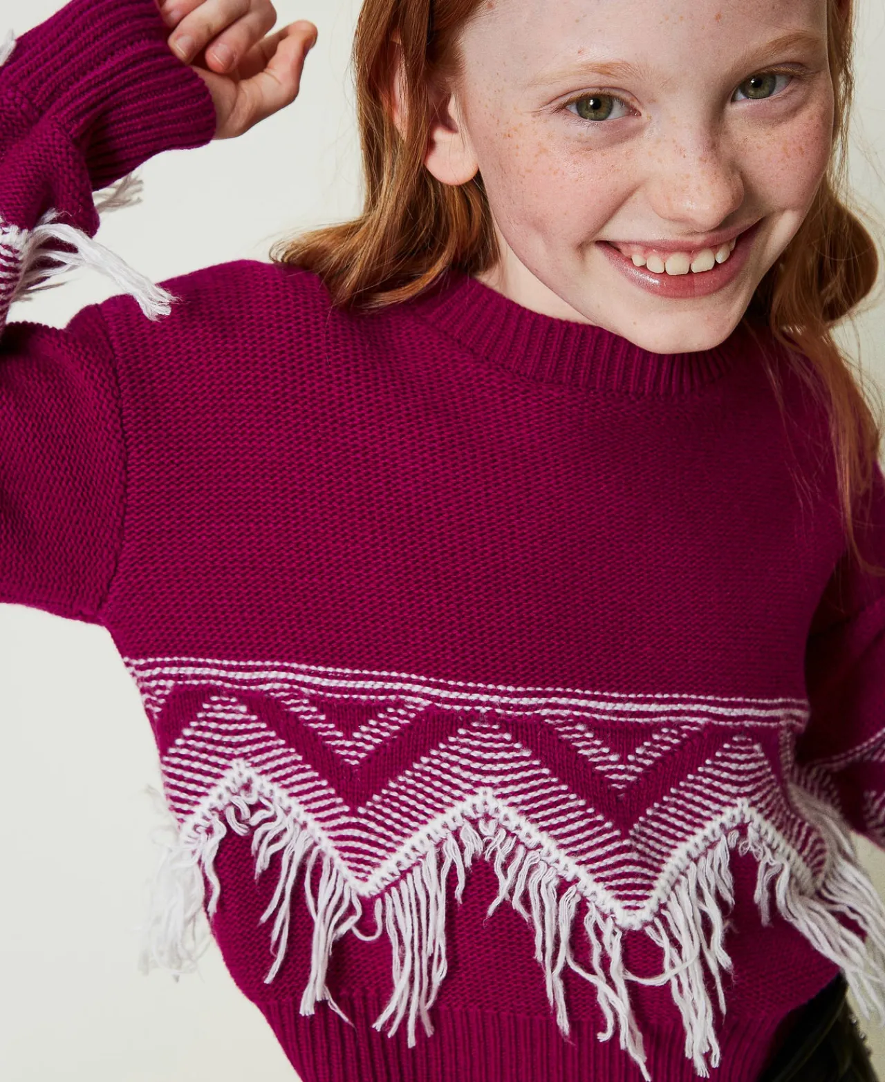 pull_en_laine_mlange_avec_0-6.webp Pulls Et Cardigans*TWINSET Milano Pull En Laine Mélangée Avec Franges Bicolore Magenta Purple/Blanc Cassé