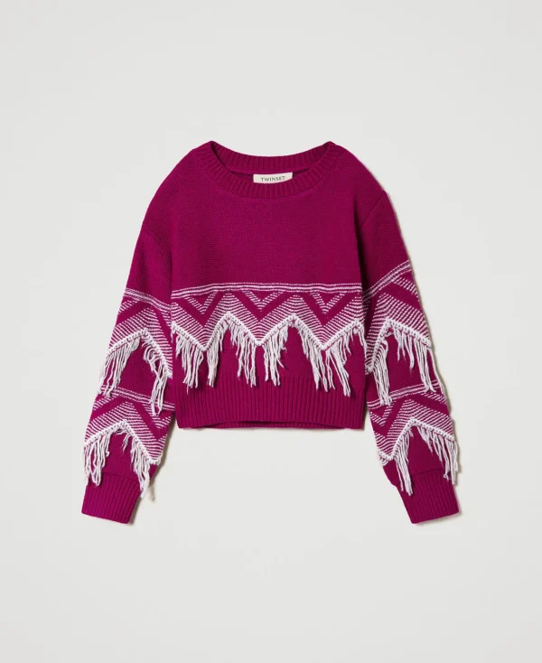 pull_en_laine_mlange_avec_1-6.webp Pulls Et Cardigans*TWINSET Milano Pull En Laine Mélangée Avec Franges Bicolore Magenta Purple/Blanc Cassé