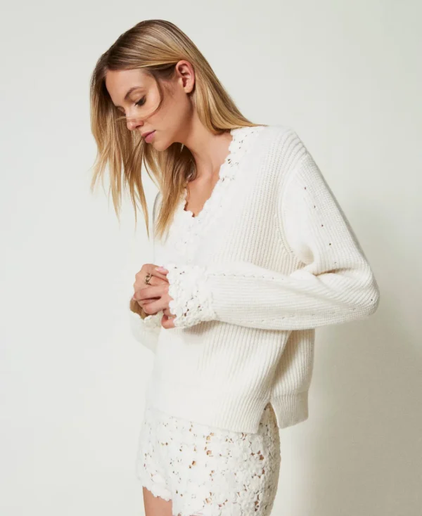 Pulls Et Cardigans*TWINSET Milano Pull En Laine Mélangée Avec Broderie Blanc Neige
