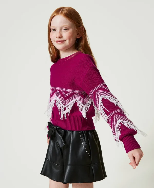 pull_en_laine_mlange_avec_3-6.webp Pulls Et Cardigans*TWINSET Milano Pull En Laine Mélangée Avec Franges Bicolore Magenta Purple/Blanc Cassé