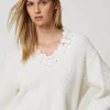 Pulls Et Cardigans*TWINSET Milano Pull En Laine Mélangée Avec Broderie Blanc Neige