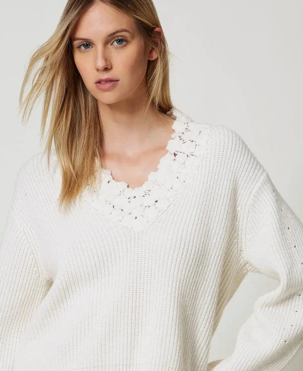 Pulls Et Cardigans*TWINSET Milano Pull En Laine Mélangée Avec Broderie Blanc Neige