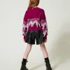 pull_en_laine_mlange_avec_4-6.webp Pulls Et Cardigans*TWINSET Milano Pull En Laine Mélangée Avec Franges Bicolore Magenta Purple/Blanc Cassé
