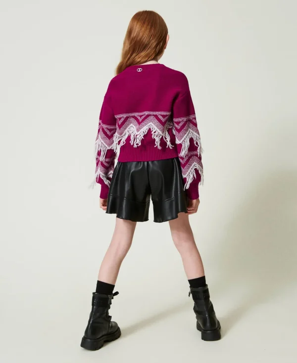 pull_en_laine_mlange_avec_4-6.webp Pulls Et Cardigans*TWINSET Milano Pull En Laine Mélangée Avec Franges Bicolore Magenta Purple/Blanc Cassé