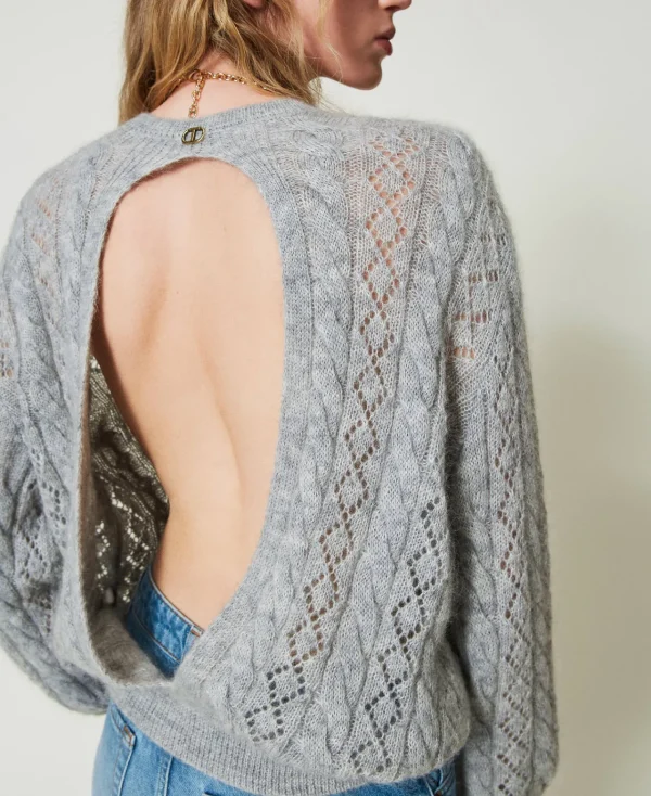 pull_en_mohair_mlang_avec_0.webp Pulls Et Cardigans*TWINSET Milano Pull En Mohair Mélangé Avec Torsades Et Ajour Gris moyen chiné