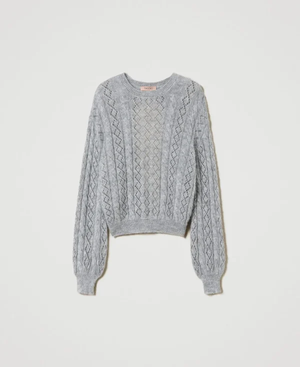 pull_en_mohair_mlang_avec_1.webp Pulls Et Cardigans*TWINSET Milano Pull En Mohair Mélangé Avec Torsades Et Ajour Gris moyen chiné