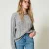 pull_en_mohair_mlang_avec_2.webp Pulls Et Cardigans*TWINSET Milano Pull En Mohair Mélangé Avec Torsades Et Ajour Gris moyen chiné