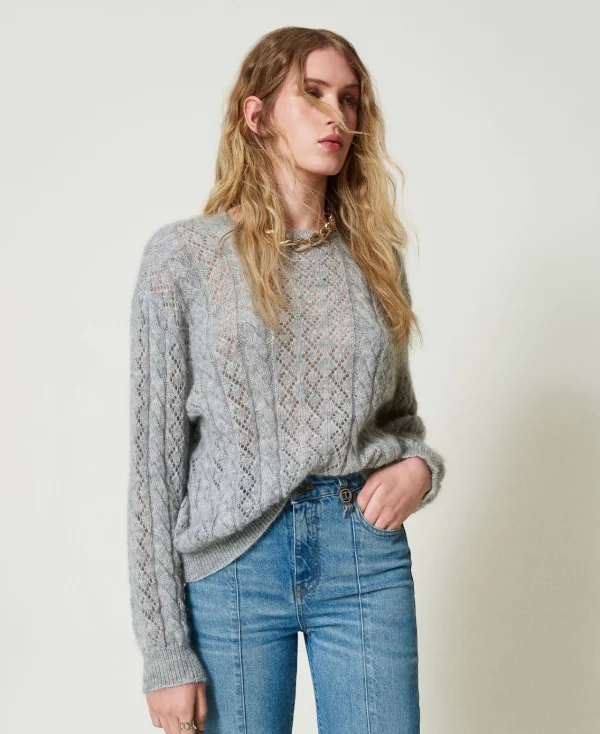 pull_en_mohair_mlang_avec_2.webp Pulls Et Cardigans*TWINSET Milano Pull En Mohair Mélangé Avec Torsades Et Ajour Gris moyen chiné