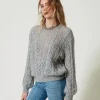 pull_en_mohair_mlang_avec_3.webp Pulls Et Cardigans*TWINSET Milano Pull En Mohair Mélangé Avec Torsades Et Ajour Gris moyen chiné