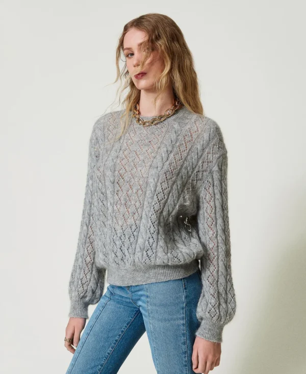 pull_en_mohair_mlang_avec_3.webp Pulls Et Cardigans*TWINSET Milano Pull En Mohair Mélangé Avec Torsades Et Ajour Gris moyen chiné