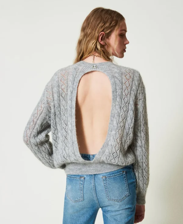 pull_en_mohair_mlang_avec_4.webp Pulls Et Cardigans*TWINSET Milano Pull En Mohair Mélangé Avec Torsades Et Ajour Gris moyen chiné