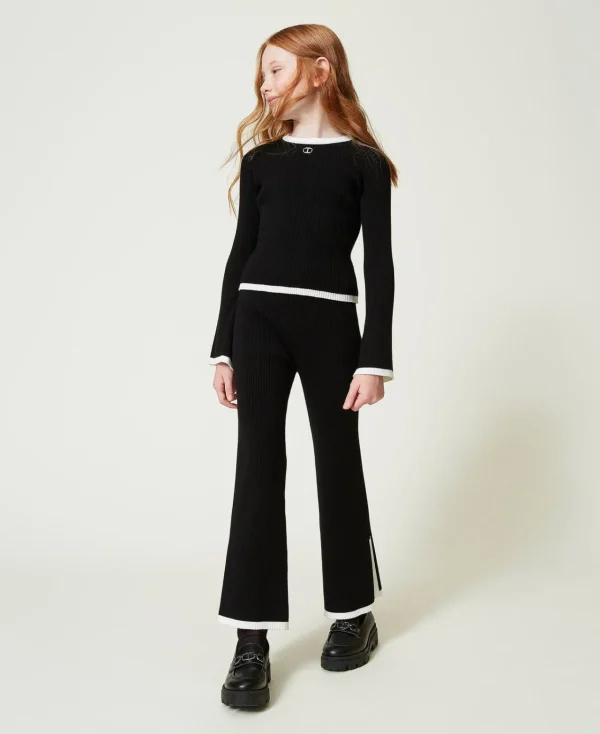 Pulls Et Cardigans*TWINSET Milano Pull Et Pantalon Ample Avec Finition Côtelée Bicolore Noir / Blanc Cassé