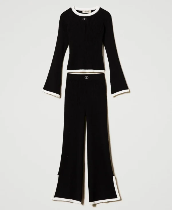 Pulls Et Cardigans*TWINSET Milano Pull Et Pantalon Ample Avec Finition Côtelée Bicolore Noir / Blanc Cassé
