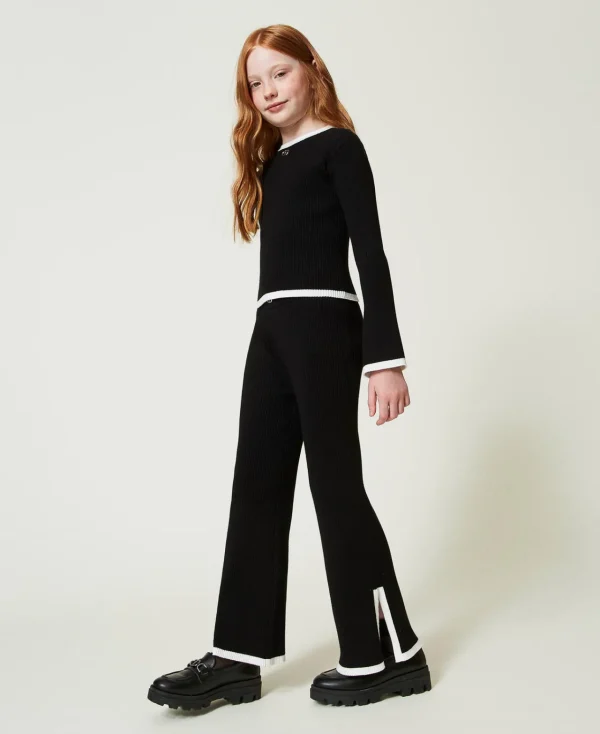 Pulls Et Cardigans*TWINSET Milano Pull Et Pantalon Ample Avec Finition Côtelée Bicolore Noir / Blanc Cassé