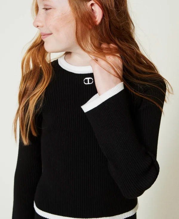 Pulls Et Cardigans*TWINSET Milano Pull Et Pantalon Ample Avec Finition Côtelée Bicolore Noir / Blanc Cassé
