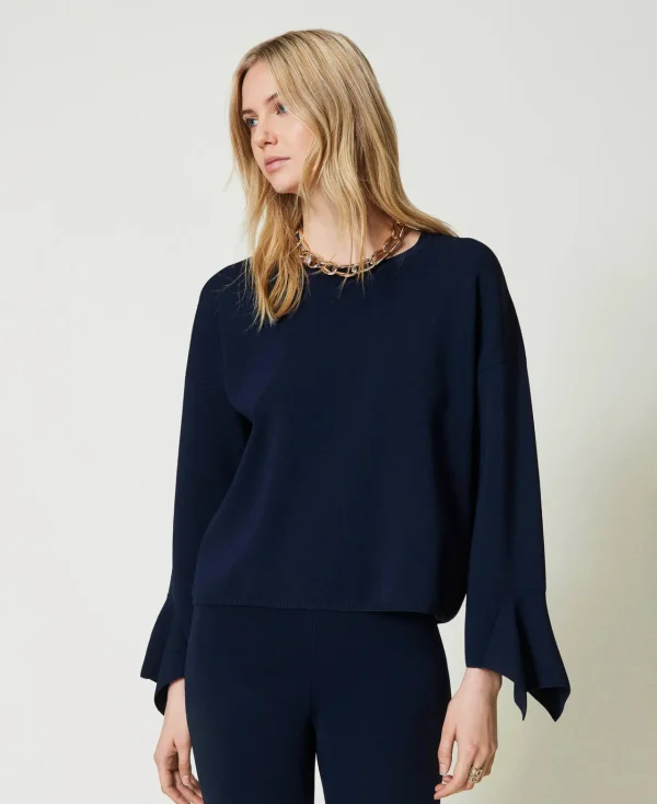 pull_rasducou_avec_volant_0.webp Pulls Et Cardigans*TWINSET Milano Pull Ras-du-cou Avec Volant Indigo