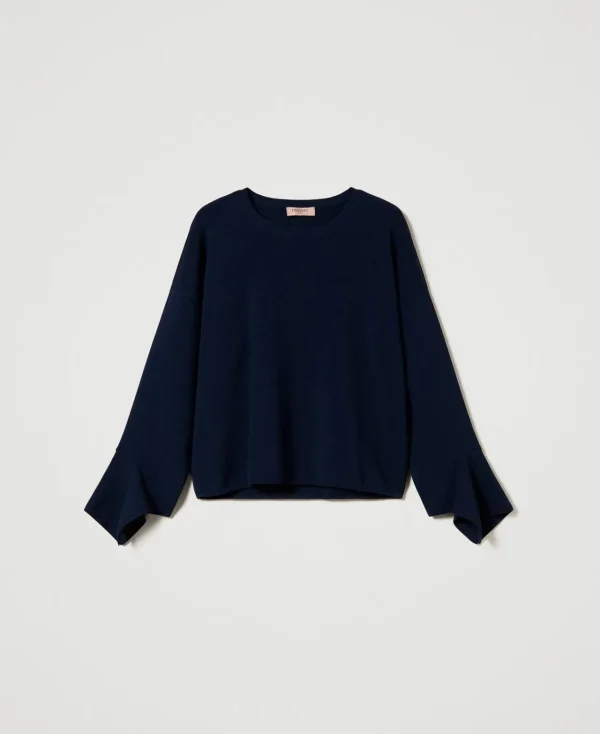 pull_rasducou_avec_volant_1.webp Pulls Et Cardigans*TWINSET Milano Pull Ras-du-cou Avec Volant Indigo