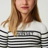 Pulls Et Cardigans*TWINSET Milano Pull Rayé Ras-du Cou Avec Logo Jacquard Bicolore Blanc Cassé / Noir