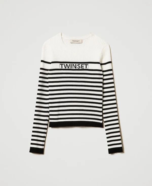 Pulls Et Cardigans*TWINSET Milano Pull Rayé Ras-du Cou Avec Logo Jacquard Bicolore Blanc Cassé / Noir