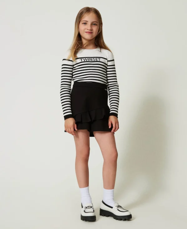 Pulls Et Cardigans*TWINSET Milano Pull Rayé Ras-du Cou Avec Logo Jacquard Bicolore Blanc Cassé / Noir