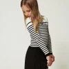 Pulls Et Cardigans*TWINSET Milano Pull Rayé Ras-du Cou Avec Logo Jacquard Bicolore Blanc Cassé / Noir
