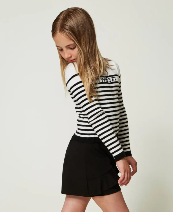Pulls Et Cardigans*TWINSET Milano Pull Rayé Ras-du Cou Avec Logo Jacquard Bicolore Blanc Cassé / Noir