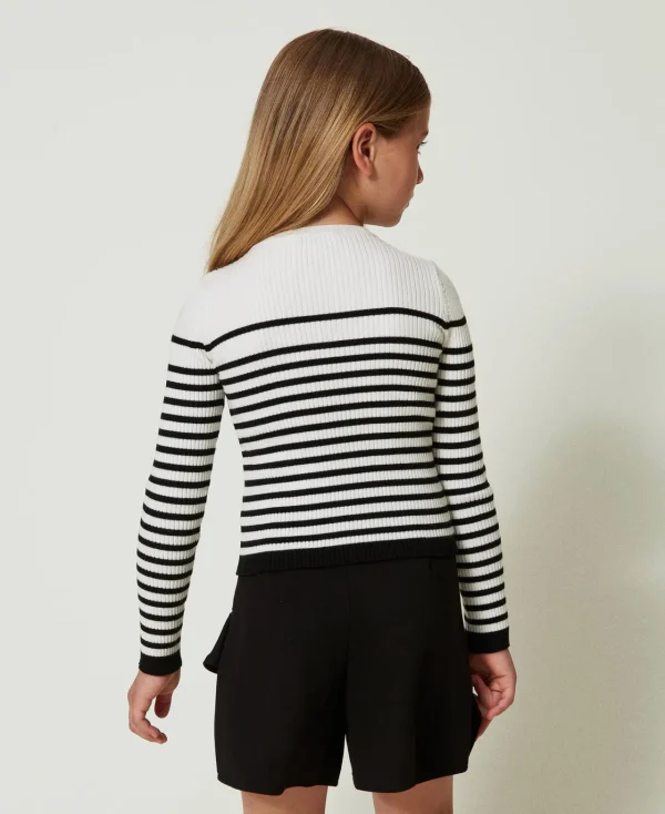 Pulls Et Cardigans*TWINSET Milano Pull Rayé Ras-du Cou Avec Logo Jacquard Bicolore Blanc Cassé / Noir