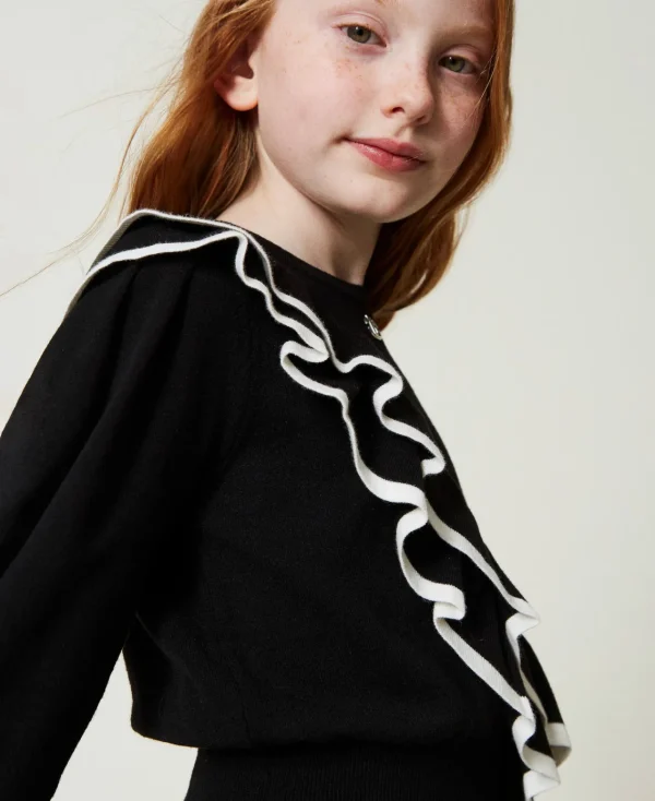 Pulls Et Cardigans*TWINSET Milano Pull Regular Avec Double Volant Bicolore Noir / Blanc Cassé