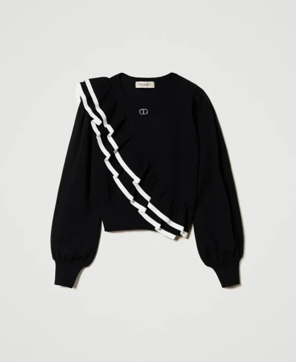 Pulls Et Cardigans*TWINSET Milano Pull Regular Avec Double Volant Bicolore Noir / Blanc Cassé