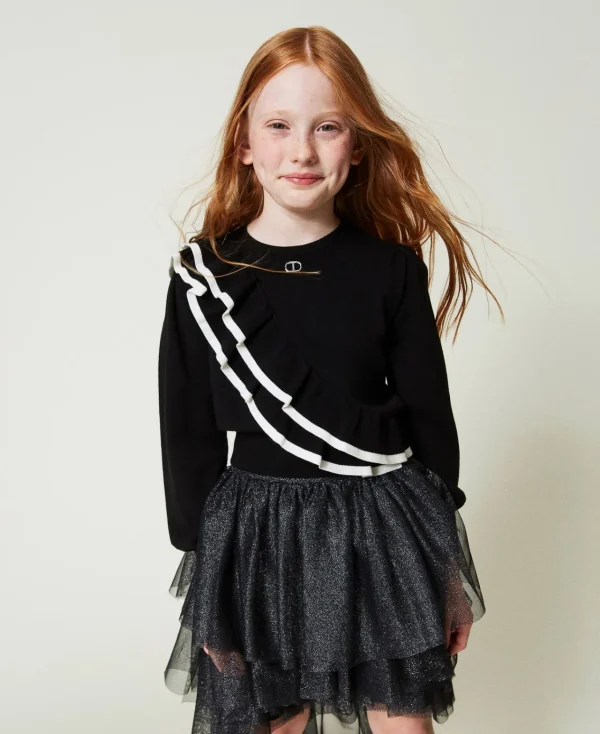 Pulls Et Cardigans*TWINSET Milano Pull Regular Avec Double Volant Bicolore Noir / Blanc Cassé