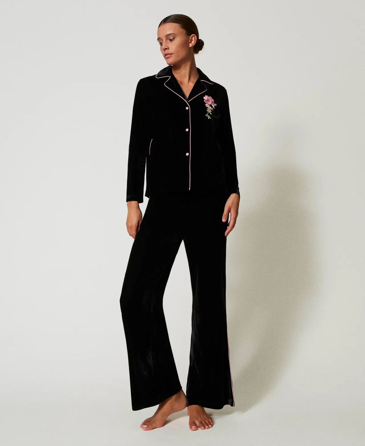 Sous-Vêtements Et Vêtements De Nuit*TWINSET Milano Pyjama Masculin En Velours Avec Broderie Noir