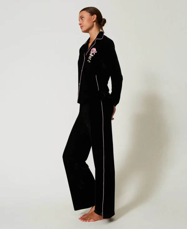 Sous-Vêtements Et Vêtements De Nuit*TWINSET Milano Pyjama Masculin En Velours Avec Broderie Noir