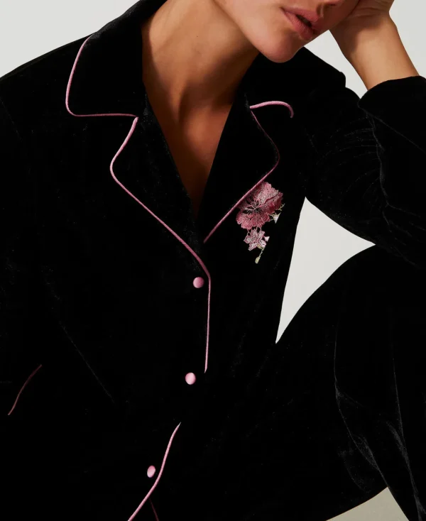 Sous-Vêtements Et Vêtements De Nuit*TWINSET Milano Pyjama Masculin En Velours Avec Broderie Noir