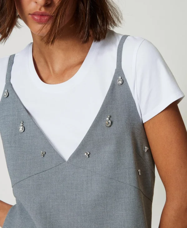 Robes De Cérémonie | Robes Courtes*TWINSET Milano Robe Courte Avec Broderies Et T-shirt Gris Chiné